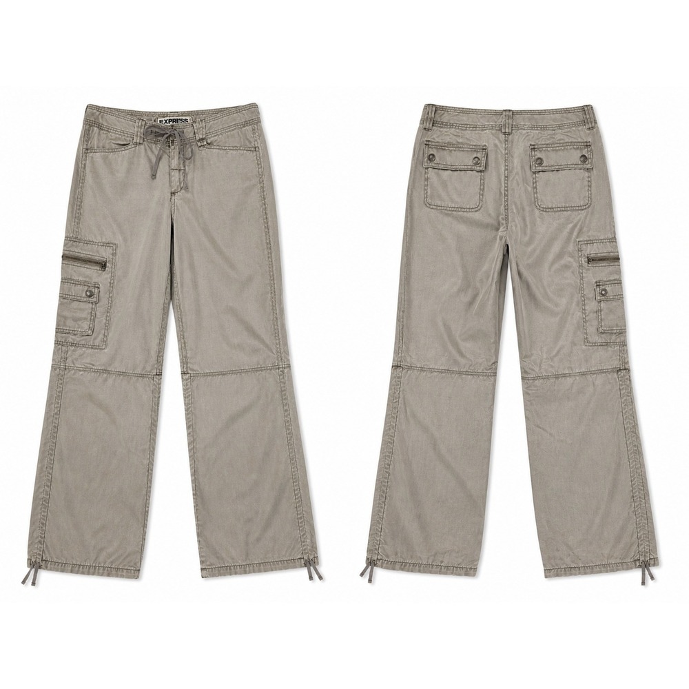 Y2K Express Khaki Satin Cargo Pants Womens 2 Low Rise Utility Indie‎ Streetwear